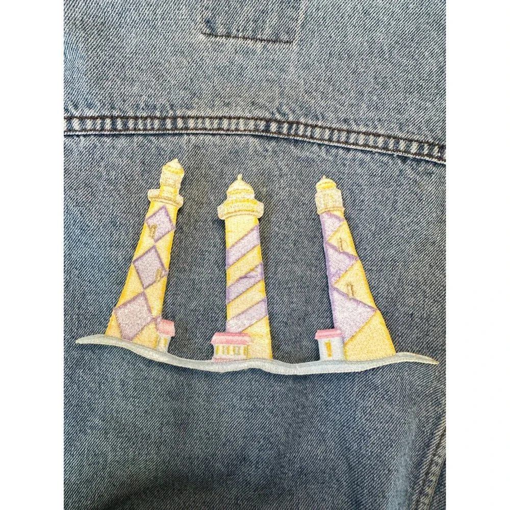 Lighthouse Trio iron On Patch Embroidered Pastel Yellow‎ Pink Coastal Nautical